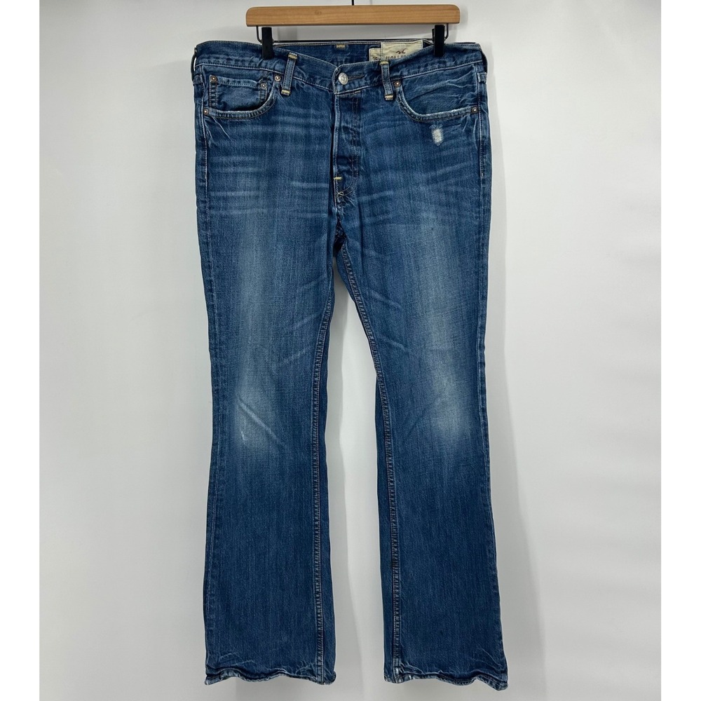 Hollister Boomer Jeans Mens 36x32 Blue Low Rise Slim Boot Y2K Vintage Button Fly